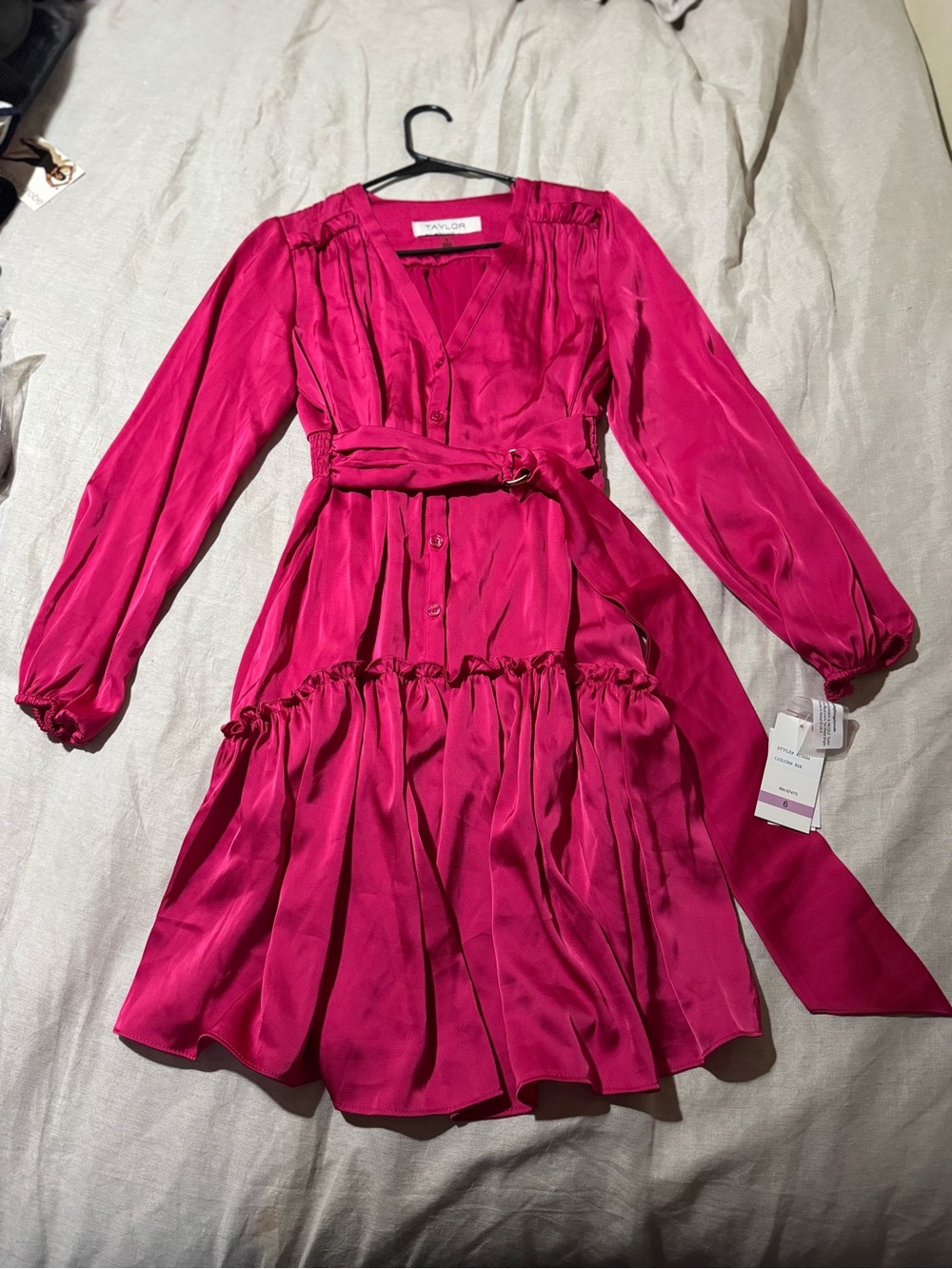 Taylor Women’s Satin Belted Long Sleeve Mini Dress Pink Size 6 NWT
